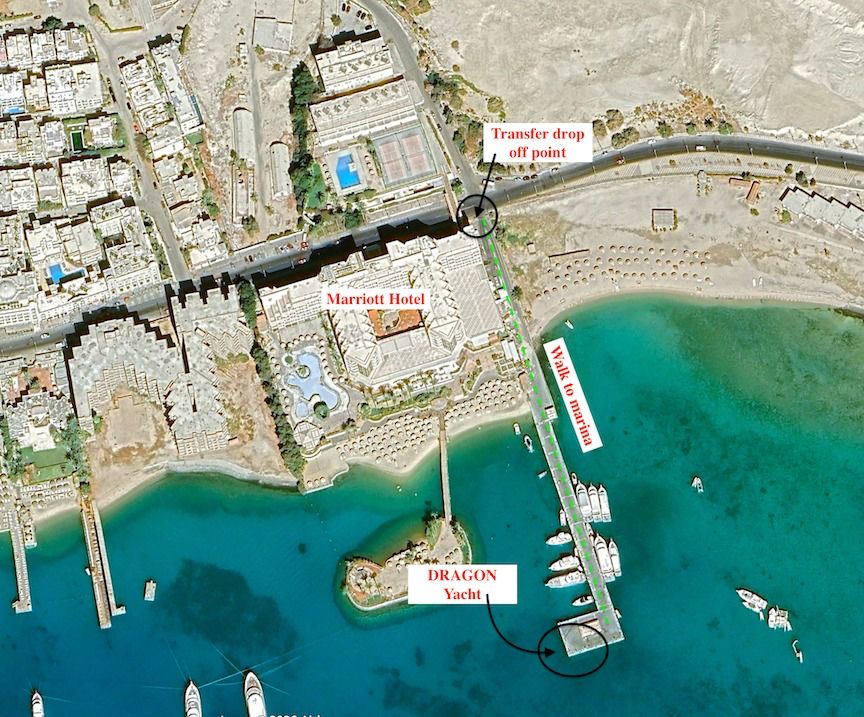 Map showing the Marriott hotel, transfer drop-off point and the Dragon yacht in the marina